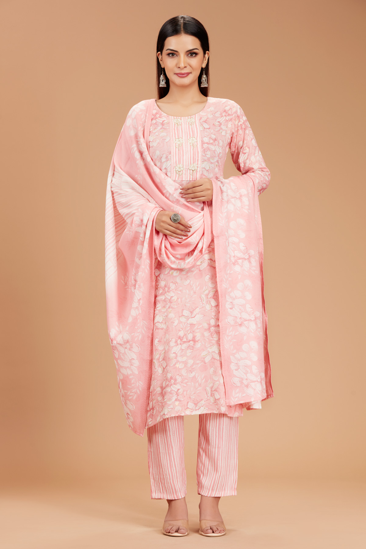 Peach 3 Piece Suit Set With Dupatta